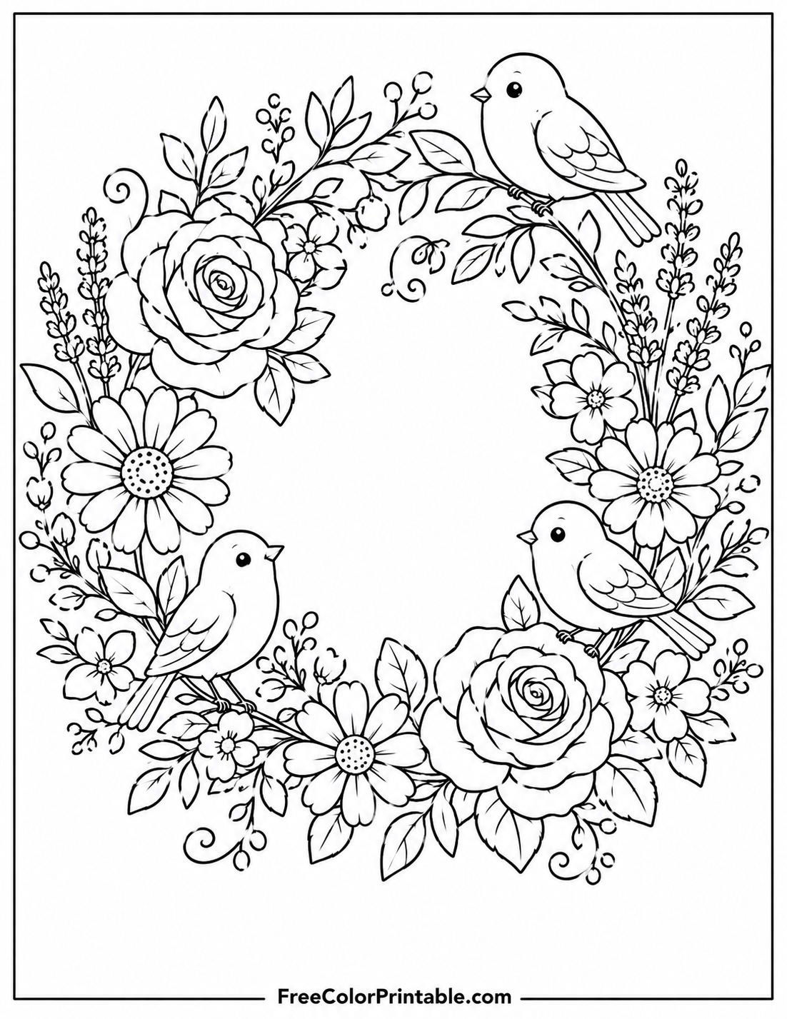 Floral Wreath With Birds For Coloring